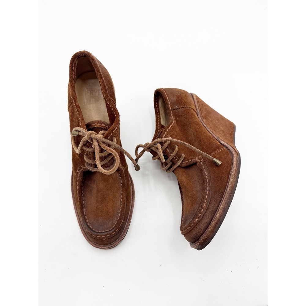 Frye Brown Caroline Suede Moc Toe Wedge Booties Lace Up Ankle Boots 8M Brown